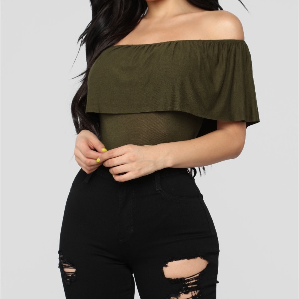 Olive green off the shoulder ruffle bodysuit